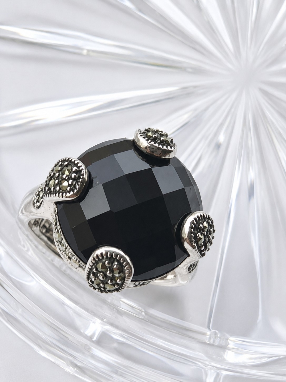 Vintage Sterling Silver Black Onyx Statement Ring with Marcasite Accents